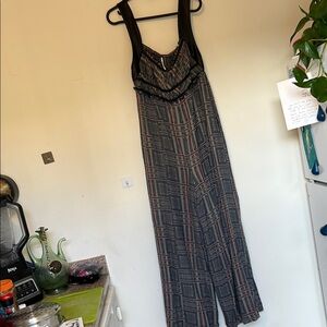 Free People Plaid Jumpsuit - Black and Gray with Faux Leather Straps